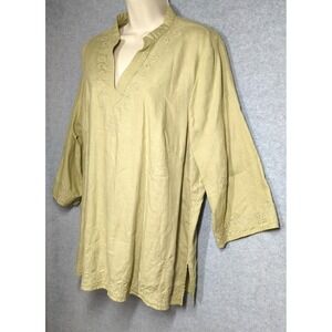 Women's 100% Linen  Tunic Blouse Top 2X  Embroidered V Neck Green Seaside Chic